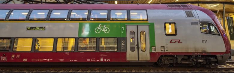 Central station and train in Luxembourg City.