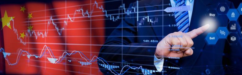 Businessman touching data analytics process system with KPI financial charts, dashboard of stock and marketing on virtual interface. With China flag in background