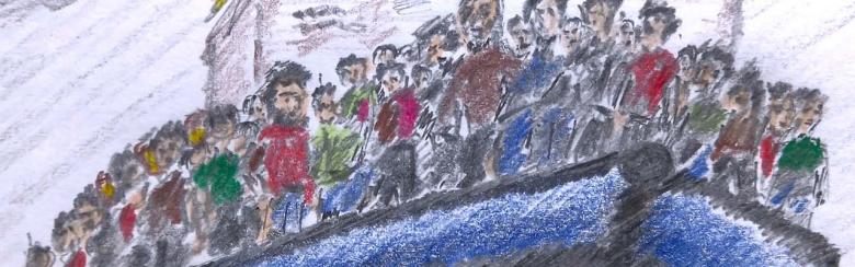 Part of the book cover showing drawing of migrants on a boat
