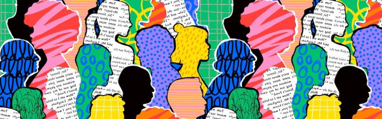Des gens colorés et divers peuplent des motifs abstraits d’art harmonieux.