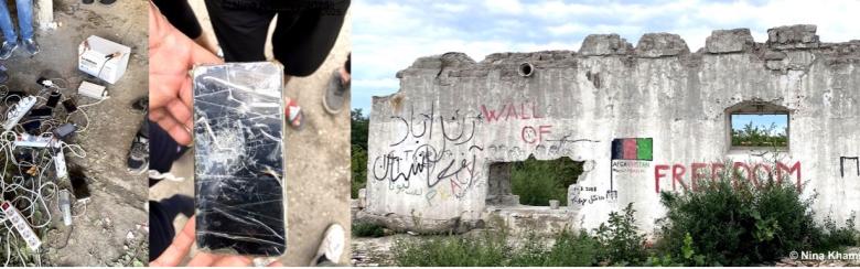 Photo montage showing 1) a charging box and power stripe, 2) a broken phone screen folded in tape, and 3) a ruined wall with various graffiti (Afghan flag, the word "freedom", etc.), Serbia, 2022