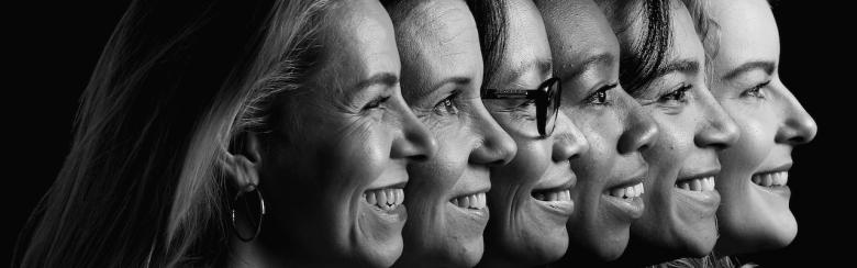 Black-and-white portraits of different women