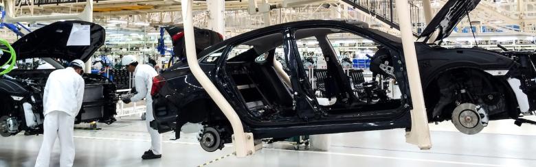 Honda Automobile Thailand assembly line of car body parts at Prachinburi plant in Rojana Industrial Park, Thailand.