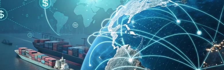 Futuristic digital visualisation of global import tariffs and trade data.