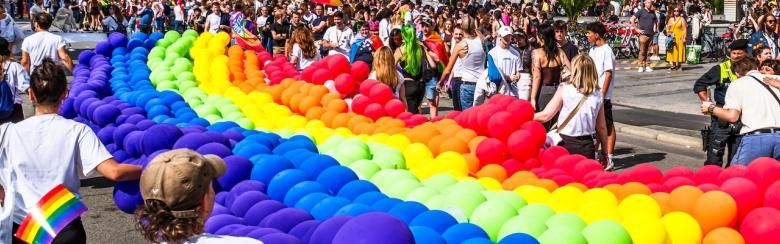 Participants of the annual Christopher Street Day parade at Stachus (Karlsplatz) in Munich on 22 June 2024.