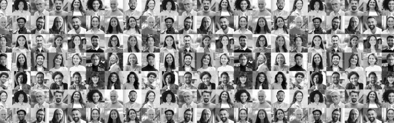 Black and white collage of confident multicultural people
