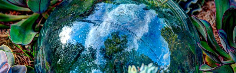 Pail VanDerWerf. A glass orb in a garden reflects the sky and trees, surrounded by succulents. The scene blends nature with mirrored tranquility, evoking serenity.