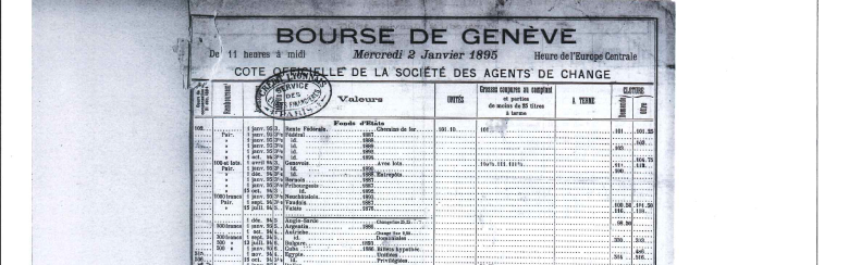 Black and white document titled "Bourse de Genève," dated January 2, 1895. Includes detailed financial data and visible official stamps.