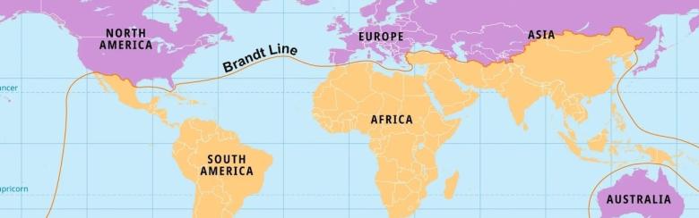 Part of a map showing a common depiction of the Global North and the Global South, as divided by the Brandt Line