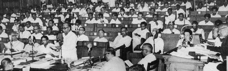 Black-and-white photo showing C.N. Annadurai presenting the annual budget at the Tamil Nadu Legislative Assembly on 17 June 1967