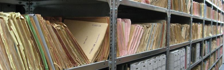 Shelf of paper archives in files