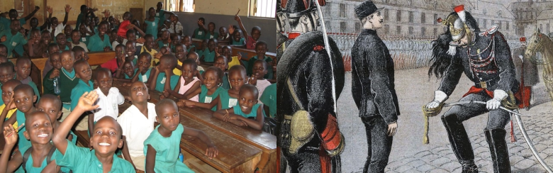 two images showing a classroom in Uganda and the degradation of Alfred Dreyfus