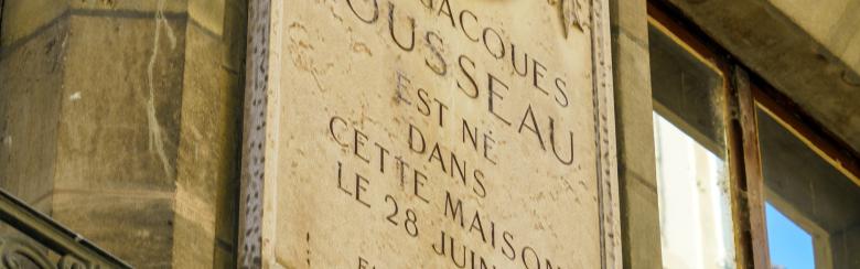 Sign with inscription: Jean-Jacques Rousseau was born in this house on June 28th 1712