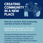 Alt text: "Event poster for 'Creating Community in a New Place' by Peacebuilding Initiative and Living Together. Features illustrations of people in conversation. Event details: 30 September 2025, 17:00-19:00, Maison de la Paix, Geneva. Students are invited to share experiences of building community. Logos of KulturLab, Geneva Graduate Institute, and The Fab are at the bottom."