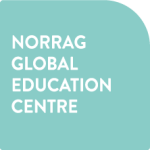 Turquoise rectangle with rounded upper right corner, featuring white text: "NORRAG GLOBAL EDUCATION CENTRE" against a black backdrop. Clean and modern design.