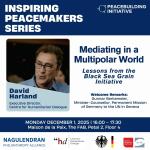 Event poster for 'Inspiring Peacemakers Series' by Peacebuilding Initiative. Features a photo of a speaker, David Harland, and details for a talk titled 'Mediating in a Multipolar World.' Welcome remarks by Gunnar Berkemeier. Scheduled for December 1, 2025, at Maison de la Paix. Includes logos of sponsoring organizations at the bottom.