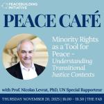 A promotional graphic for an event titled Peace Café organized by the Peacebuilding Initiative. The design features a circular photo of a person in formal attire against a neutral background. To the right of the photo, the text reads: “Minority Rights as a Tool for Peace – Understanding Transitional Justice Contexts with Prof. Nicolas Levrat, PhD, UN Special Rapporteur. Thursday November 20, 2025 | 18.00 – 19.30